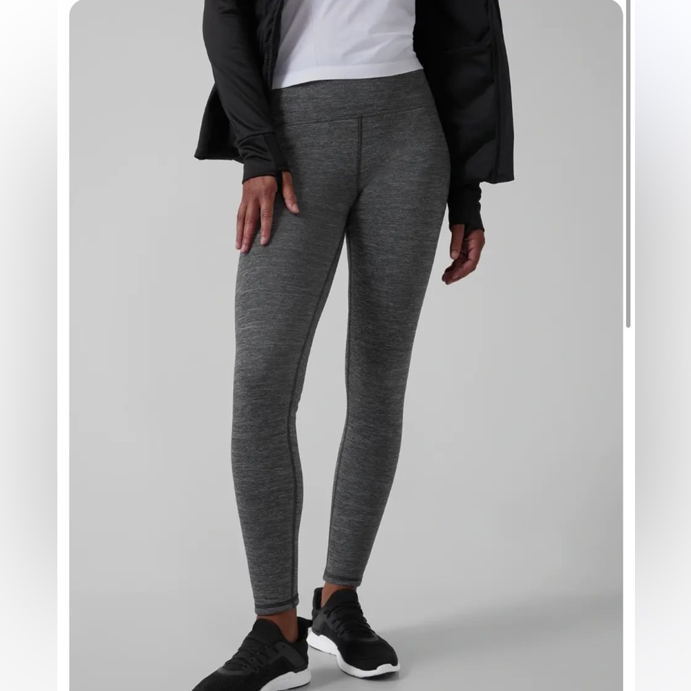 Athleta Gray Fleece Altitude Lined Stretch Leggings zipper pocket ST - Small Ta…